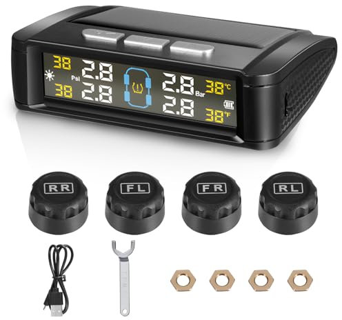 HuuppHip Tyre Pressure Monitoring System TPMS Solar Wireless Tyre Pressure Monitor with 4 External Sensors,Solar/USB Charging, 0-5 Bar/72 PSI Range, Universal Fit for Cars, SUVs, Trailers, Vans