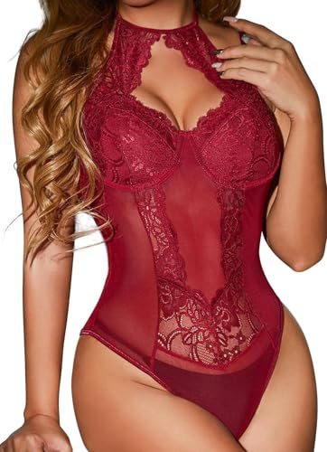 MIZSPISE Body in pizzo da donna sexy Intimo (vino rosso, Taglia unica)