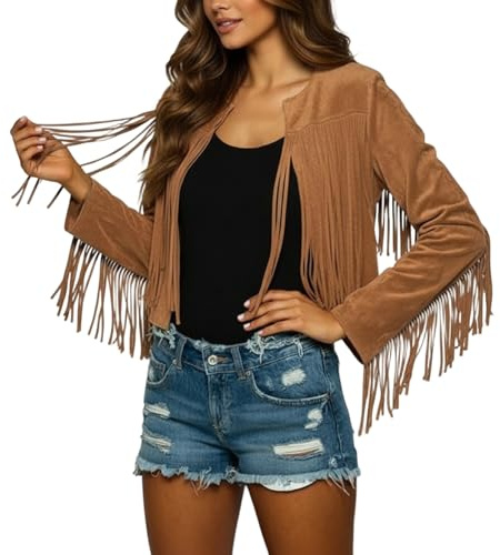 BIBOKAOKE Veste à franges pour femme, veste en cuir western, tenue western, manches longues, veste courte avec franges, hippie, cowgirl, cowboy, costume de carnaval, veste d'extérieur, veste en