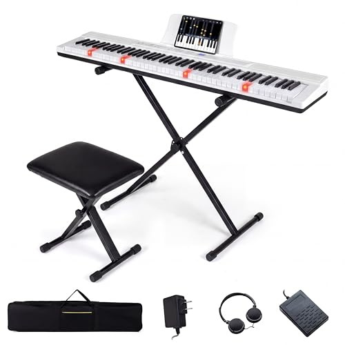 KOMFOTTEU Elektroniskt Piano 88 tangenter med justerbar stativ & pall, lysande tangenter, elektronisk piano med hörlurar, pedal och notställning, elektroniskt piano, väskor för transport (Vit)