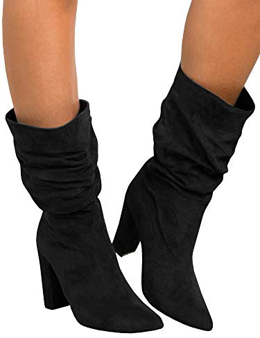 Syktkmx Womens Mid Calf Dress Boots Slouchy Pointed Toe Fall Winter Chunky Block High Heel Slip on Boots