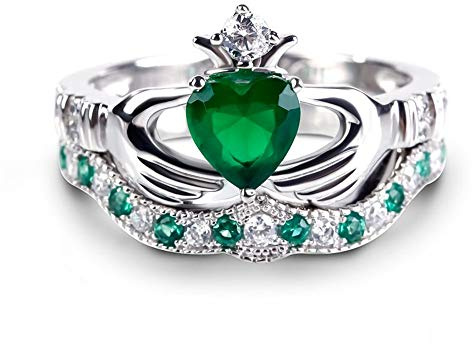 Jeulia 2.01 Carat Women Crown Ring Sterling Silver Claddagh Ring Love and Friendship Engagement Ring Sets with Emerald Green Heart CZ Stone and Heart for Women and ladiess