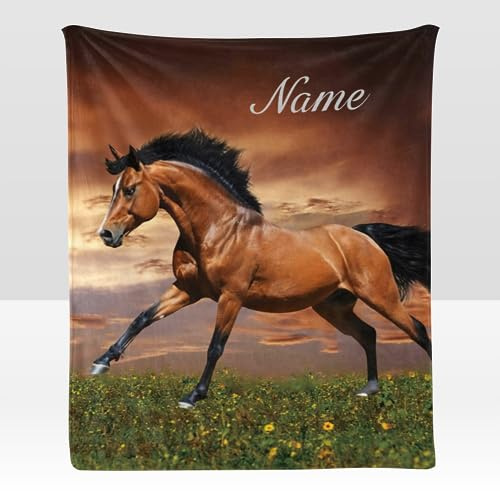 Custom Blanket with Name Text Personalized Running Horse Soft Fleece Throw Blanket for Gifts (50 X 60 inches)