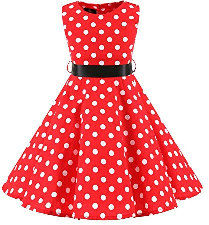 Girls 50s Vintage Polka Dot Flower Swing Rockabilly Prom Party Dress Kids Sleeveless Retro Audrey Hepburn Communion Birthday Wedding Formal Cocktail Dance Evening Short Gown Red 11-12 Years