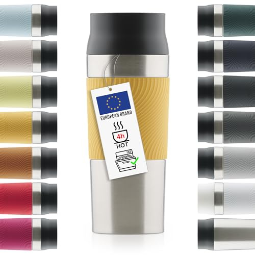 Blumtal Thermobecher 350 ml - Kaffeebecher to go aus Edelstahl - auslaufsicherer Isolierbecher kalt/heiß - Mug mit 360° Trinköffnung - Thermosbecher + Quick-Press-Verschluss - Coffee Mug - Dunkelgelb