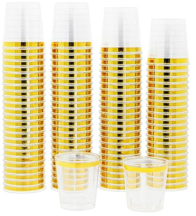 Mandala Crafts Disposable 1oz Plastic Mini Shot Glasses - Bulk 120 Clear Gold Rim Hard Plastic Shots Cups for Party Sample Cups Tasting Whiskey