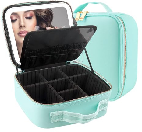 MOMIRA Reise-Make-up-Tasche Kosmetiktasche mit beleuchtetem Spiegel, Einstellbarer Helligkeit in 3 Farbszenarien, wasserdichte Makeup-Trainingsbox, Geschenk für Frauen - Grün