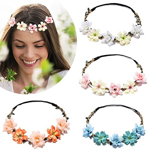 4 Pièces Couronnes de Fleurs Bandeau, Florale Bandeaux Femme Guirlande de Fleur Bohême Headbands Floral Serre-têtes Ruban Élastique pour Filles Fête Mariage Voyage Séances Photo