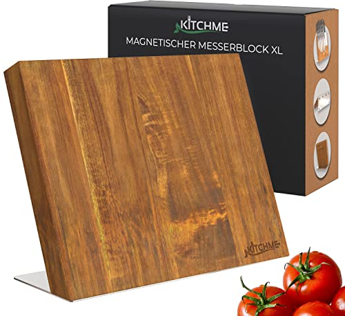 KITCHME Premium Messerblock [XL] Magnetisch – Hochwertiger Messerblock aus Akazienholz – Extra Großer Magnet-Messerhalter Für Bis zu Sieben Küchenmesser - Extra Starker Magnet – Ohne Messer