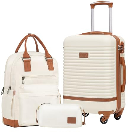 COOLIFE Suitcase Set, 3 Piece Luggage Sets with Travel Backpack and Toiletry Bag for Short Travel, TSA Lock 360° Spinner Wheels (White/Brown, 20 Inch Luggage Set)