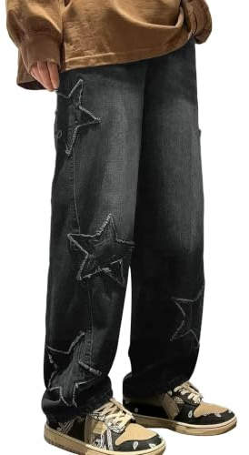 XKBHYD Womens Y2K Baggy Jeans E-Girl Casual Streetwear Star Print Pants Denim Jeans Classic Straight Leg Trousers