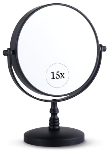 15X Vergrößerung Kosmetikspiegel mit Ständer - Doppelseitiger Schminkspiegel, 15-Fach und 1-Fach Vergrößerungsspiegel fürs Bad, Magnifying Makeup Mirror - 23cm x 15cm (Schwarz)