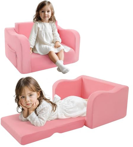MeMoreCool Kindersofa Kindersessel Ausklappbar, Bequemes Bettsofa für Kleinkinder, 2-in-1 Schlafsofa für Kuschelecke Kinderzimmer, Mini Baby Sofa mit Schlaffunktion für Jungen und Mädchen, Rosa