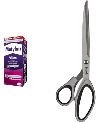 Metylan Vlies, Tapetenkleister für Vliestapeten mit glatter oder strukturierter Rückseite & kwb Tapezier-Schere aus Edelstahl, abgewinkelt, 280 mm Gesamtlänge