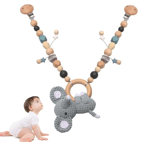 Hojalis Kinderwagenkette Holz Baby, Kinderwagenkette Koala Gehäkelt mit Glocke, Kinderwagenspielzeug Mädchen Junge, Kinderwagenkette aus Holz und Häkeln für Babys und Kleinkinder ab 0+ Monaten