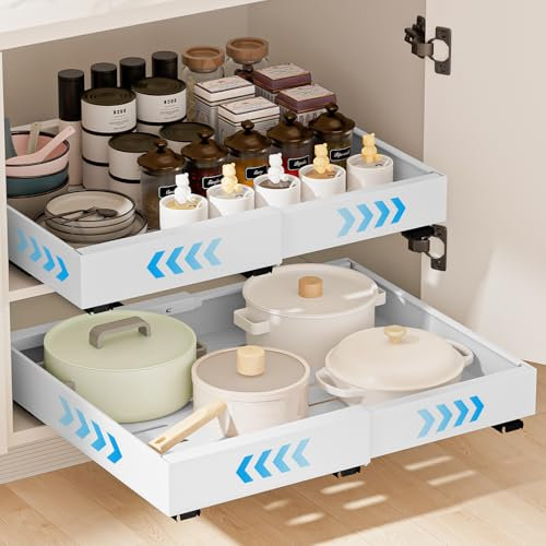 2 Stück Teleskopschublade, Ausziehbare Schublade Küche Erweiterbar Ausziehbare Schubladen Küchenschrank Organizer Küche Ausziehbar Schrank Organizer Kein Bohren Expandierbare Breite 32-52cm (Weiß)