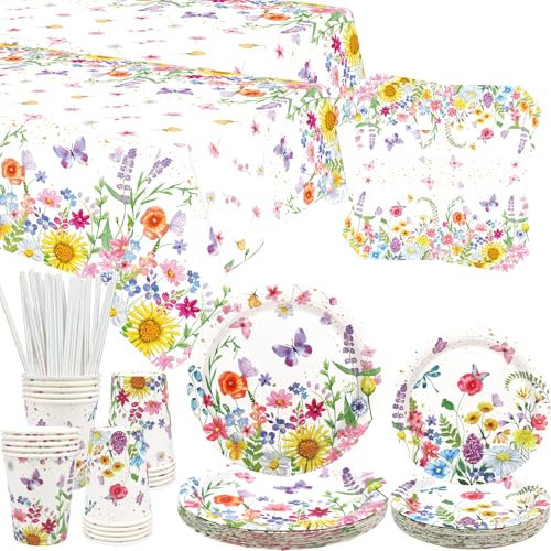 ENCETARDE Forniture per feste con fiori selvatici, kit da tavola floreale, per 20: 20 piatti piani, 20 piatti da dessert, 20 tazze, 20 tovaglioli, 20 cannucce, 2 tovaglie, tema fiori selvatici