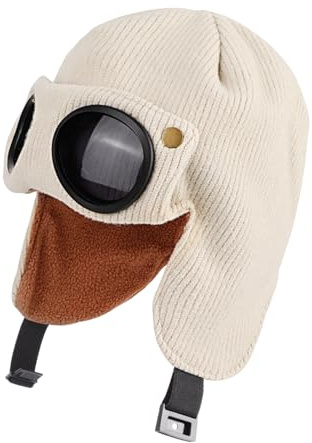 TAGVO Chapeau Bonnet Hiver pour Enfants de 4 à 10 Ans, Bonnet Tricoté en Doublure en Polaire Thermique, Cagoule Coupe-Vent avec Lunettes de Ski Bonnet de Course pour Garçons Filles Sport de Plein Air