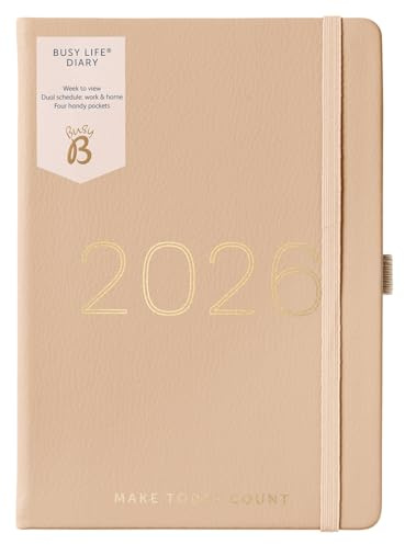 Busy B A5 2026 Diary - Busy Life Weekly Planner Journal – Life Diary for Students, Teachers, Work & More with Dual Schedules, Year Calendar, Pen Loop, Pockets & Elastic Closure Band - Faux Caramel