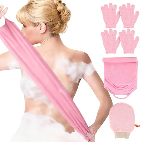 6 Pcs Set de Gants Exfoliants pour le Corps et Serviette de Douche Exfoliante, Gant Exfoliant Corps pour Élimination de la Peau Morte en Douche et Bain, Doux pour Visage et Corps (Rose)