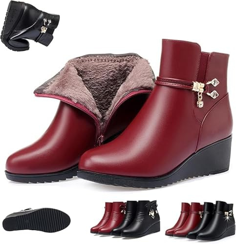 HESYSUAN Botines ortopédicos de tacón de cuña para mujer, botines de invierno con plataforma de piel auténtica, con cremallera lateral, diamantes de imitación brillantes, impermeables, ortopédicos