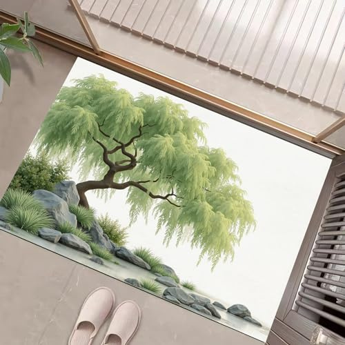 Tappeto Stile Minimalista Cinese, Zerbino Astratto Salice Verde Ingresso 60 X 90 Cm, Tappetino Antiscivolo Con Stile Minimalista Cinese Ideale Per Interni, Tappetini Da Benvenuto, Zerbino Verde Chiaro