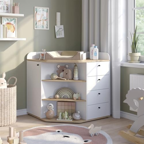 Vicco Wickelkommode Aria, Weiß, 85 x 90 cm mit Regalen und 4 Schubladen, geeignet als Wickelstation für Babys und Kleinkinder