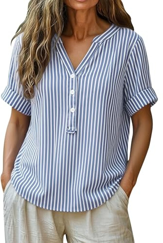 Générique Chemise Rayée Femme Grande Taille, Chemise Rayure Femme en Coton Et Lin Chemisier Manches Courtes, Rayure Robe Blouse Tunique Grande Taille - T-Shirt Été Col V Et Boutons