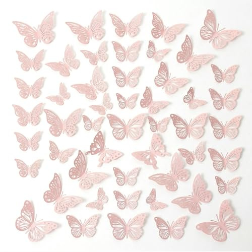 JOVYTH 48 piezas Mariposas tridimensionales metálicas Rosa, decoraciones metálicas Rosa, mariposas decorativas, pegatinas decorativas para pared para fiestas de cumpleaños y celebraciones (Rosa)