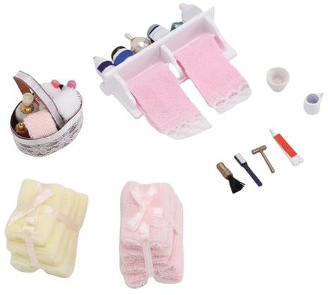 Rcniso Dollhouse Badrumstillbehör i Skala 1:12, Mycket Detaljerad Miniatyrbadrumsinredning för Dockskåpsamlare, Massivt trä och Bomull, 6 Delar