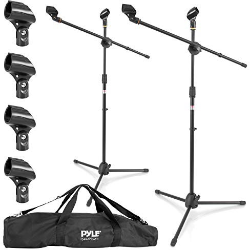 Pyle Soporte Universal para microfono con tripode, Ajustable, Set de 2 Soportes, Ligeros, Resistentes, Brazo articulado, Bolsa de Transporte, Adaptador de 5/8”, Ideal para Escenario y Estudio