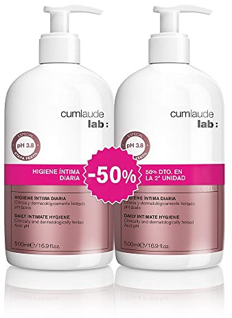 Cumlaude Lab Higiene Íntima Diaria (Duplo) - Gel Limpiador con Propiedades Hidratantes y Protectoras para la Zona Íntima, con Ácido Hialurónico y Ácido Láctico, pH Ácido - Pack de 2 x 500 ml
