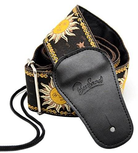 BestSounds, tracolla per chitarra da 6 cm regolabile, stile Hootenanny in cotone intrecciato, capi in vera pelle, aggancio per chitarra elettrica con cordino, Apollo Black
