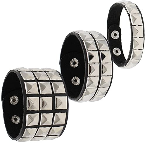 TURTLEDOVE Punk Bracelet for Men Women - Goth Black Leather Wristband with Metal Studded - Spike Rivets Cuff Bangle (3 Studded Bracelet)