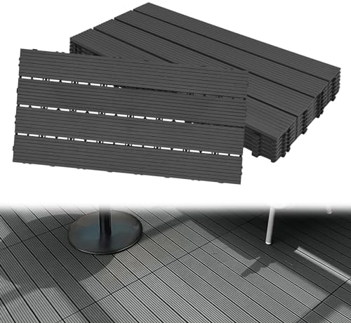 Aufun 12 Stück WPC Terrassenfliesen Kunststoff Bodenfliese Gartenfliesen Klickfliesen Holzoptik mit klicksystem, 30x60cm Filterbares Wasser Premium Fliese Terrassendielen für Balkon (2 m², Anthrazit)