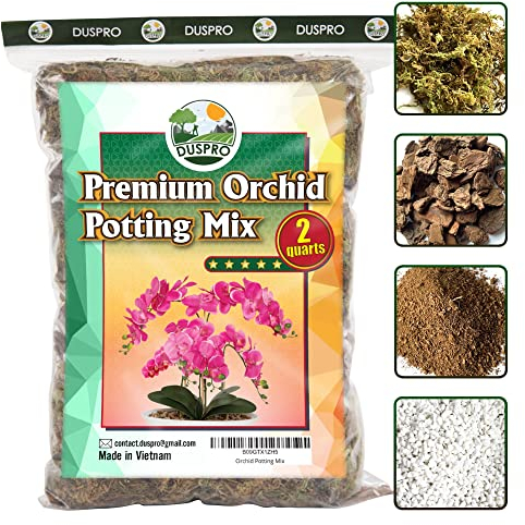 [Upgraded] DUSPRO Orchid Potting Mix for Repotting with Forest Moss, Pine Bark, Perlite & Pumice Natural Ingredients, Orchid Bark Potting Mix, Orchid Repotting Kit Drainage Indoor Potting Medium 2QT