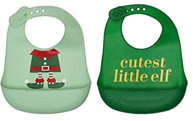 Pearhead Christmas Baby and Toddler Bib Set, Holiday Baby Gifts, Silicone Toddler Bibs with Food Catcher Pocket, Dishwasher Safe, BPA Free, Cutest Little Elf, Set of 2