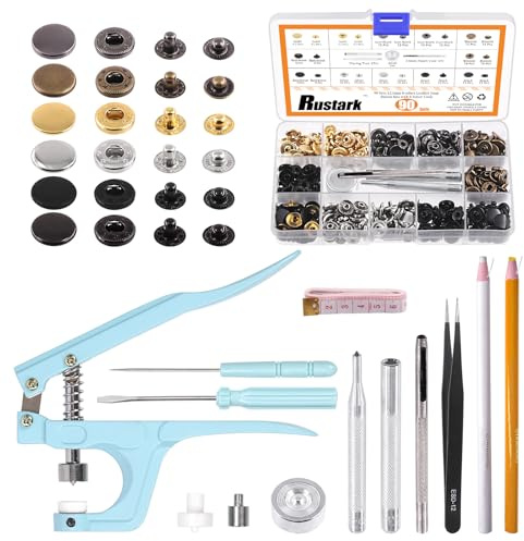 Rustark Set di 90 bottoni automatici in pelle da 12,5 mm, in 6 colori, con pinze e strumenti di fissaggio, kit di assortimento di bottoni a pressione in metallo per cuoio, vestiti, giacche, jeans, fai