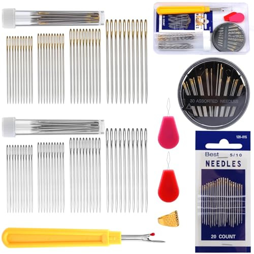 ENCHOL Hand Sewing Needles, 137Pcs Large Eye Sewing Needle Set, Large Eye Stitching Needles, Embroidery Needles with Needle Threaders, Stitch Remover & Thimble, Bottle Included