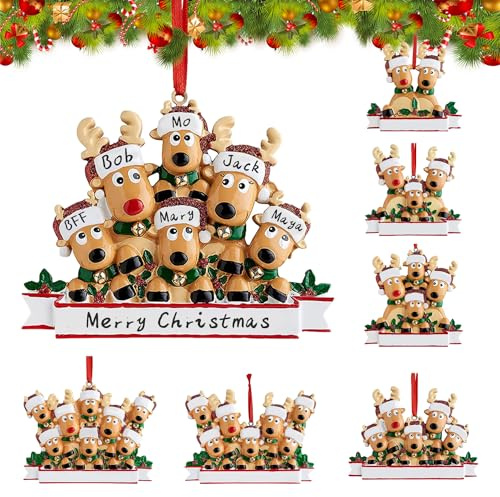 2025 Christmas Reindeer Family Decorations, Personalized DIY Christmas Ornaments Tree Hanging Pendant Family of 2,3,4,5,6,7,8, Xmas Decor Gifts for Home (Family of 6)