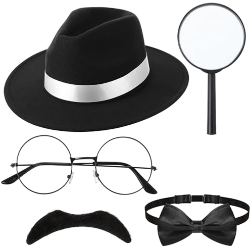 6 Stück Detektiv Kostüm Zubehör Set inklusive Detektiv Hut Lupe Fliege Falscher Schnurrbart Brille ohne Gläser Pfeife, Detektiv Cosplay Requisiten Rollenspiel Accessoires (Cool Stil)