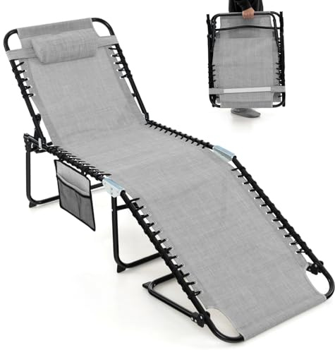 COSTWAY Lettino da Spiaggia Pieghevole Portatile, Sdraio da Mare con Schienale Regolabile 4 Posizioni, Tasca Laterale e Poggiatesta Staccabile, per Giardino e Campeggio, Portata 150 kg (Grigio)