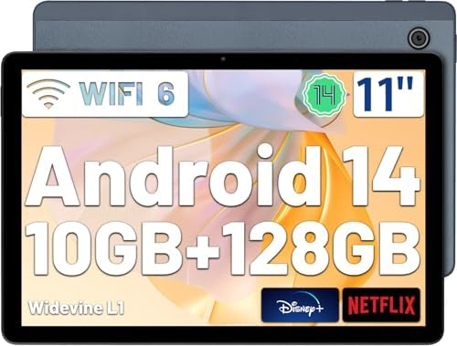 FECLYDET Tablet 11 Zoll Android 14 Tablet Octa-Core, Face ID/OTG,10(4+6) GB RAM+128GB ROM, 5MP+8MP, WiFi 6/BT5.3, Split-Screen, Drahtlose Projektion, 6800mAh, 1280 * 800 IPS, Widevine L1(Grau)