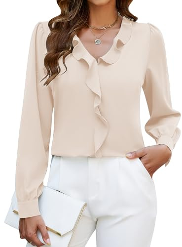 Blooming Jelly Womens Dressy Casual Blouse Business Long Sleeve Tops Ruffle V Neck Work Shirt Fall Outfit 2025(Apricot,L)