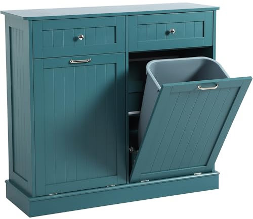 KIGOTY Double Tilt Out Trash Cabinet, Pet Proof Trash Can Cabinets with Countertop and Drawer, Trash Cabinet with Storage,Wooden Laundry Hamper for Kitchen, Teal Blue