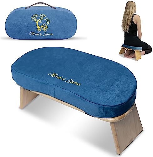 MONK & LLAMA Meditation Bench - Kneeling Bamboo Bench with Foldable Legs & Cushion — Kneeling Stool Ergonomic Bamboo Yoga Bench for Extended Practice