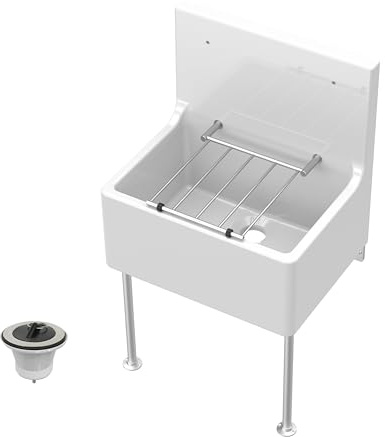 Balterley Utility Sink with Grill, Waste and Legs, Fireclay Ceramic Cleaner Sinks, Traditional Wall Mounted Tall Splashback Utility Outdoor Sink Unit for Garage & Laundry - 515 x 393 x 535mm (White)