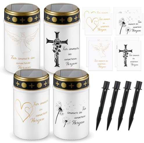 Nezyo 4 Pezzi Luce LED per Tomba Impermeabile Luce per Cimitero Solare e 8 Adesivi con Testo für Immer in Unseren Herzen Luce Tombale con Picchetto Candele Cimiteriali con Energia Solare per Esterno