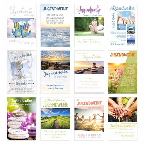 Edition Seidel Set 12 Karten zur Jugendweihe mit Umschlag - Glückwunschkarte zur Jugendweihe - - Set Kartenset (Doppelkarten/Klappkarten mit Briefumschlag) (SW026)