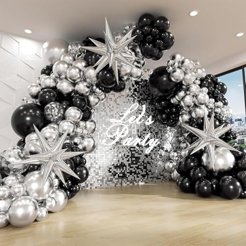 Kit di 231 palloncini neri e oro con palloncini a stella in alluminio, decorazioni per feste di compleanno, Capodanno, palloncini in lattice per laurea, kit per arco di palloncini nero e argento (nero